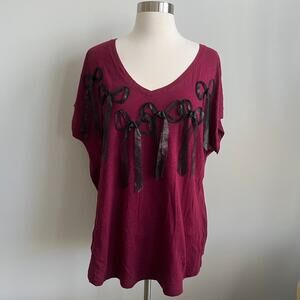 Lane Bryant Bow Tee Double V-Neck T-shirt Burgundy Black 14/16 NWT